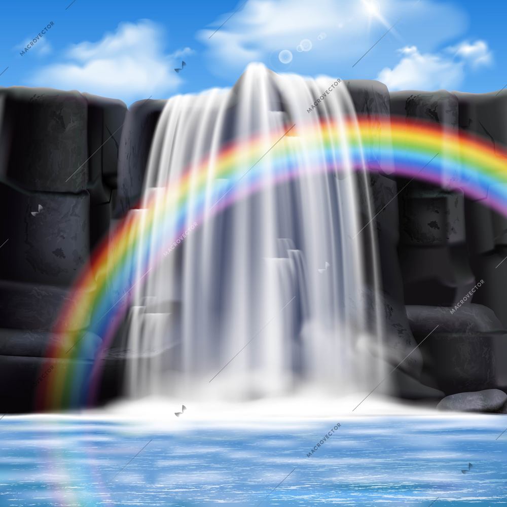 Colored waterfalls realistic composition with big colored rainbow and water flows from the mountains vector illustration