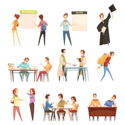 Set of students near timetable, during laboratory work, eating, with diploma retro cartoon style isolated vector illustration