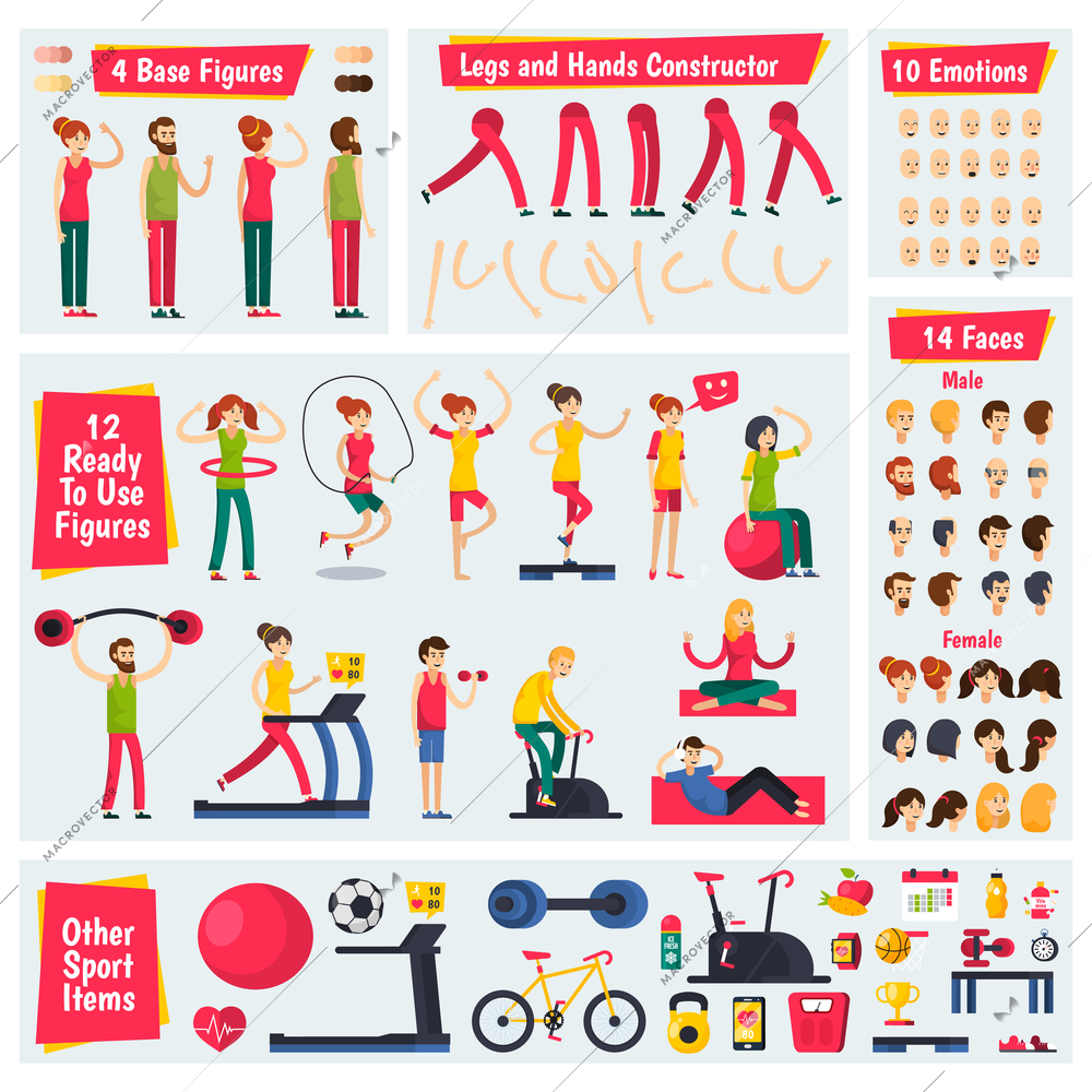 Colored and isolated fitness training people orthogonal character constructor icon set with different shapes of legs emotions figures and sport items vector illustration