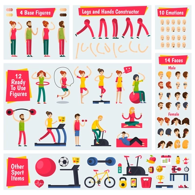 Colored and isolated fitness training people orthogonal character constructor icon set with different shapes of legs emotions figures and sport items vector illustration