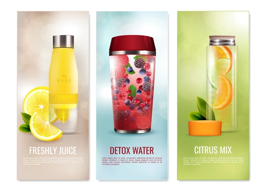 Detox drinks set of vertical banners with fresh juice, citrus mix on blurred background isolated vector illustration
