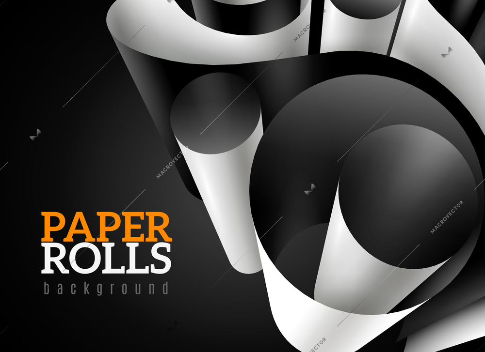 Monochrome background with 3d blank paper rolls realistic vector illustration