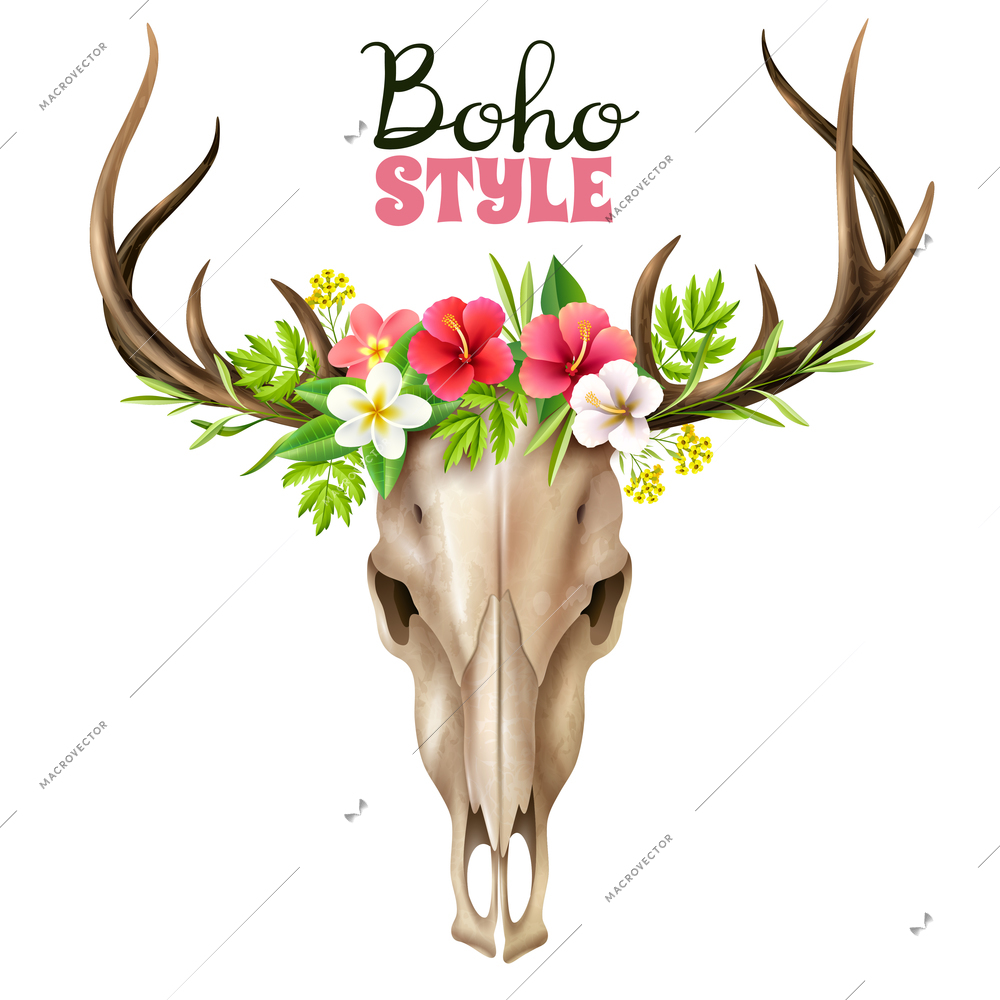 Deer skull in boho style decorated with floral elements on wide background realistic vector illustration