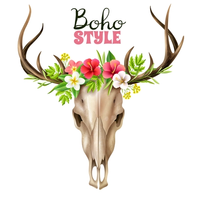 Deer skull in boho style decorated with floral elements on wide background realistic vector illustration