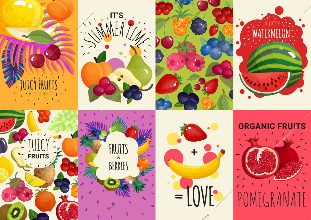 Fresh juicy fruits and berries 8 colorful advertisement banners composition poster with watermelon and pomegranate  isolated vector illustration