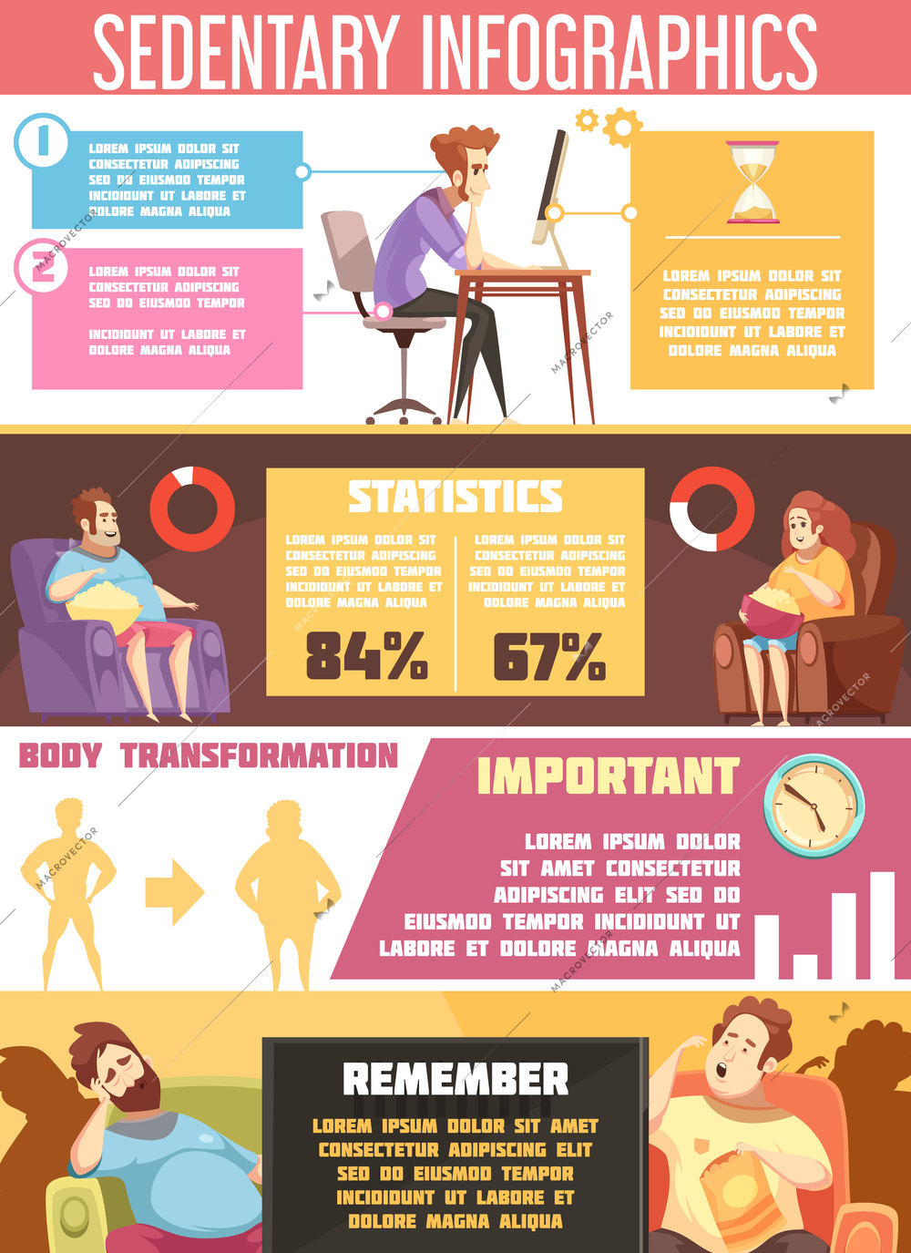 Sedentary lifestyle retro cartoon infographics with information about negative habits including sitting work, health problems vector illustration