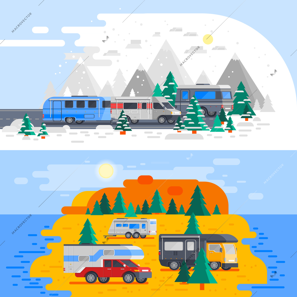 Two horizontal colored recreational vehicles composition set with winter and summer camping vector illustration