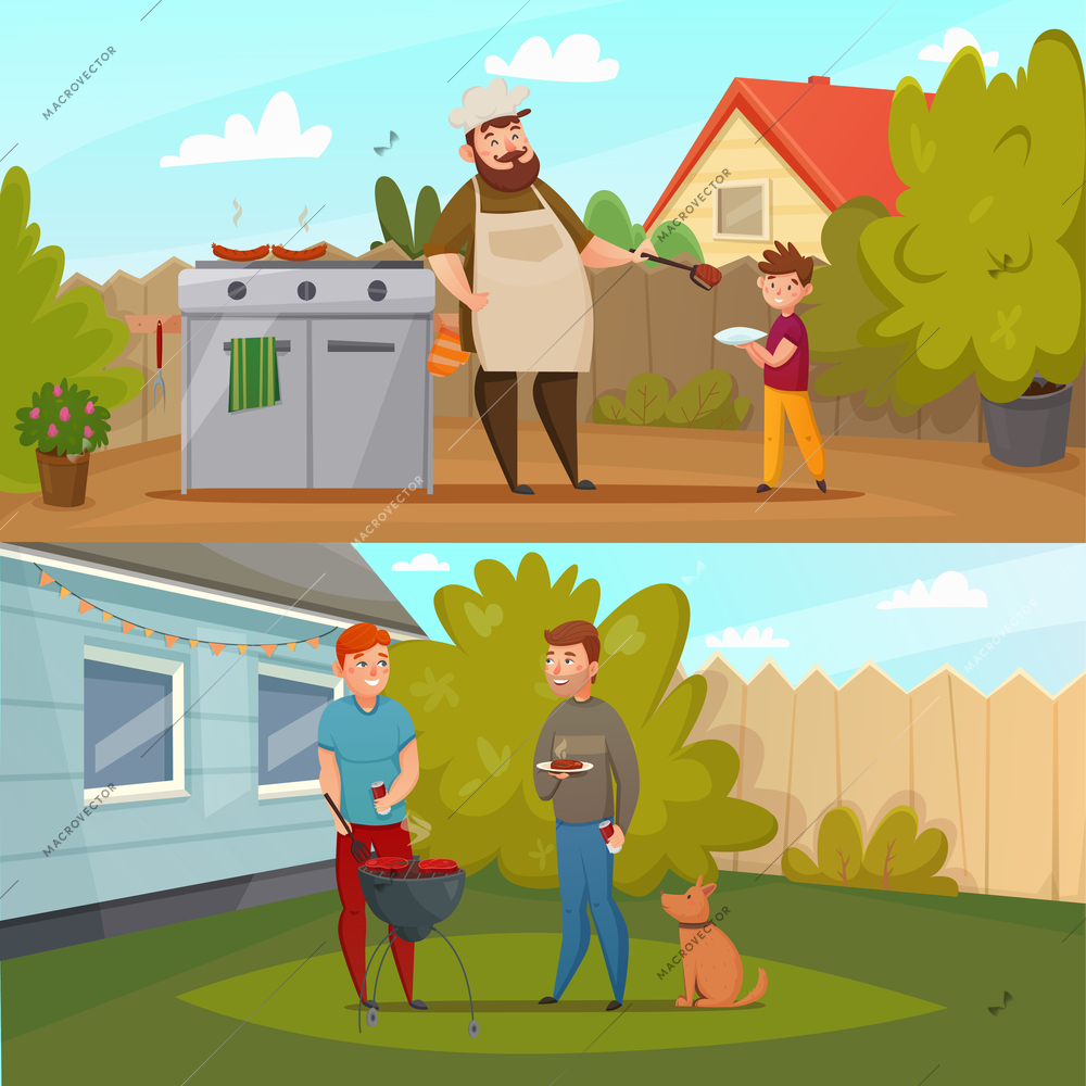 Two horizontal cartoon barbecue party banner set with people on the lawn bred BBQ vector illustration