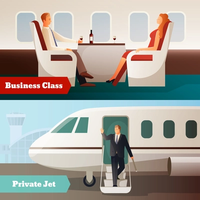 Trip on airplane horizontal banners with private jet and people in business class salon isolated vector illustration