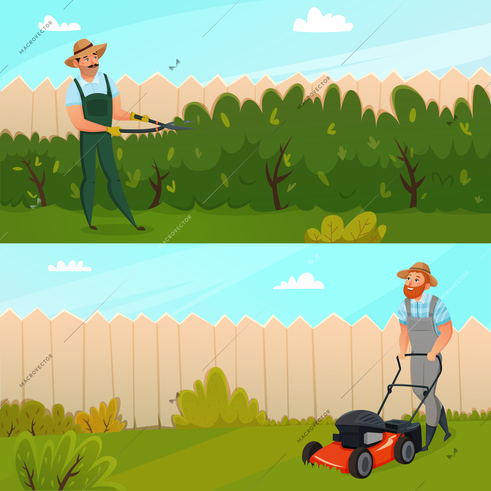 Two horizontal colored cartoon gardening work banner set with two working gardeners vector illustration