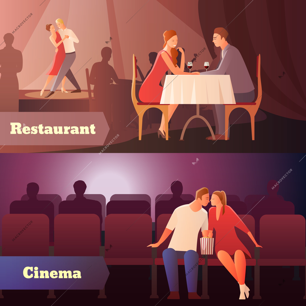 Romantic dinner dating couples flat compositions with loving couple having a date in cinema and restaurant vector illustration