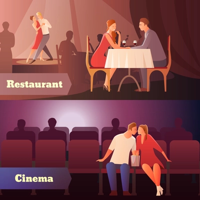 Romantic dinner dating couples flat compositions with loving couple having a date in cinema and restaurant vector illustration