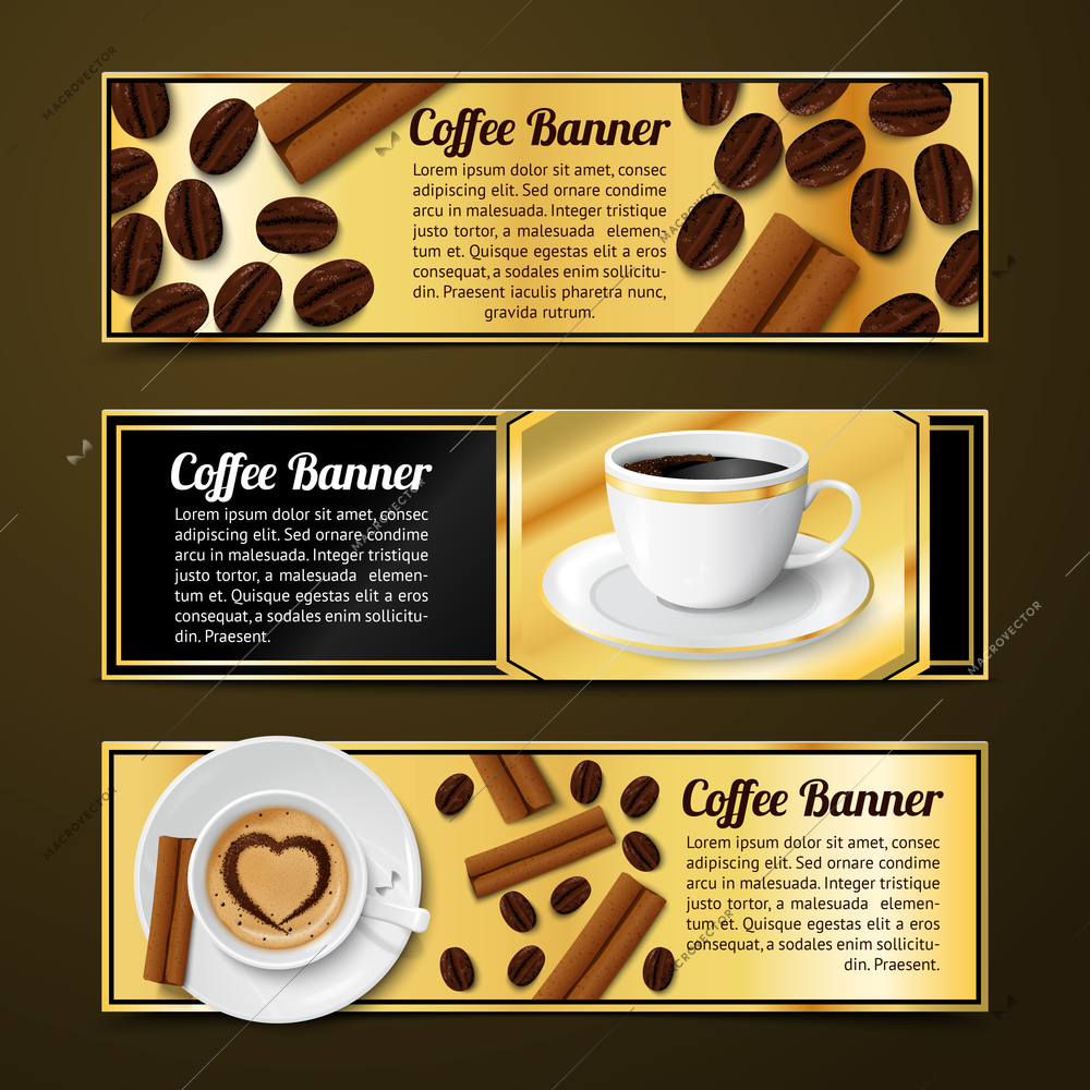 Coffee espresso cappuccino latte horizontal banners with cinnamon and beans isolated vector illustration