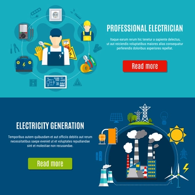 Horizontal flat banners with electrician with professional equipment and electricity generation on blue background isolated vector illustration