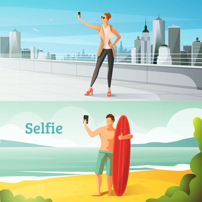 Selfie photo modern people lifestyle compositions set with woman in urban scenery and man on seashore vector illustration