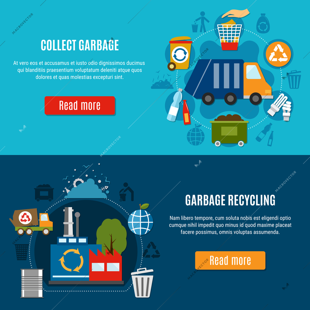 Garbage horizontal banners collection with compositions of flat waste disposal icons and pictograms with read more button vector illustration