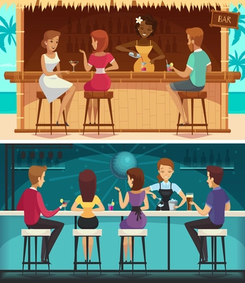 Beach bar and evening bar cartoon horizontal banners with female staff and  resting people at bar counter  flat vector illustration