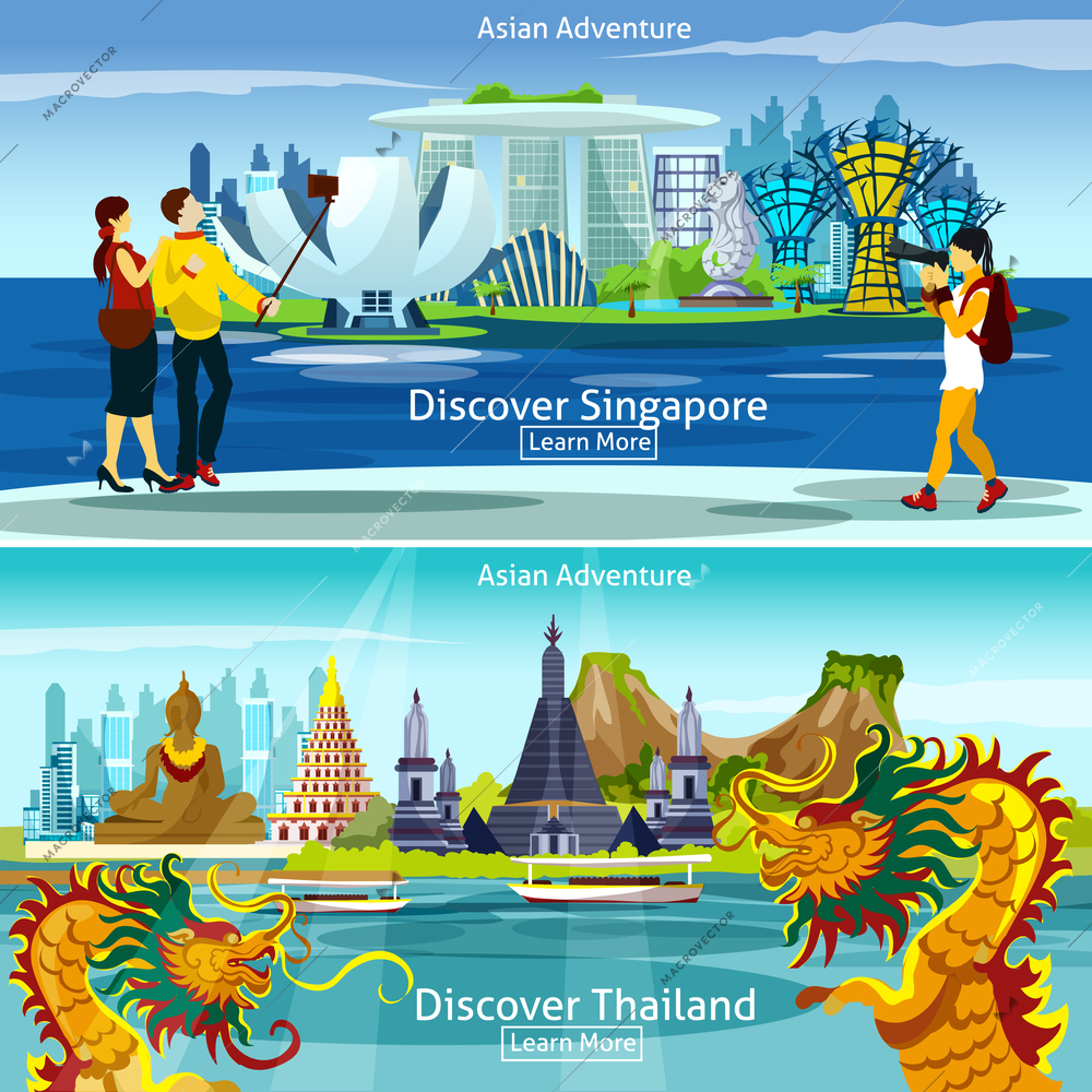 Asian travel banners set with Thailand and Singapore panorama isolated vector illustration