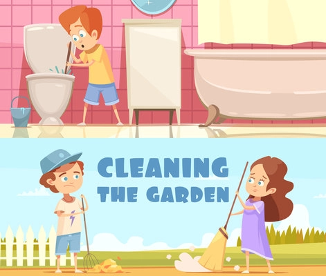 Kids cleaning toilet bowl in bathroom and helping in garden 2 horizontal cartoon banners isolated vector illustration