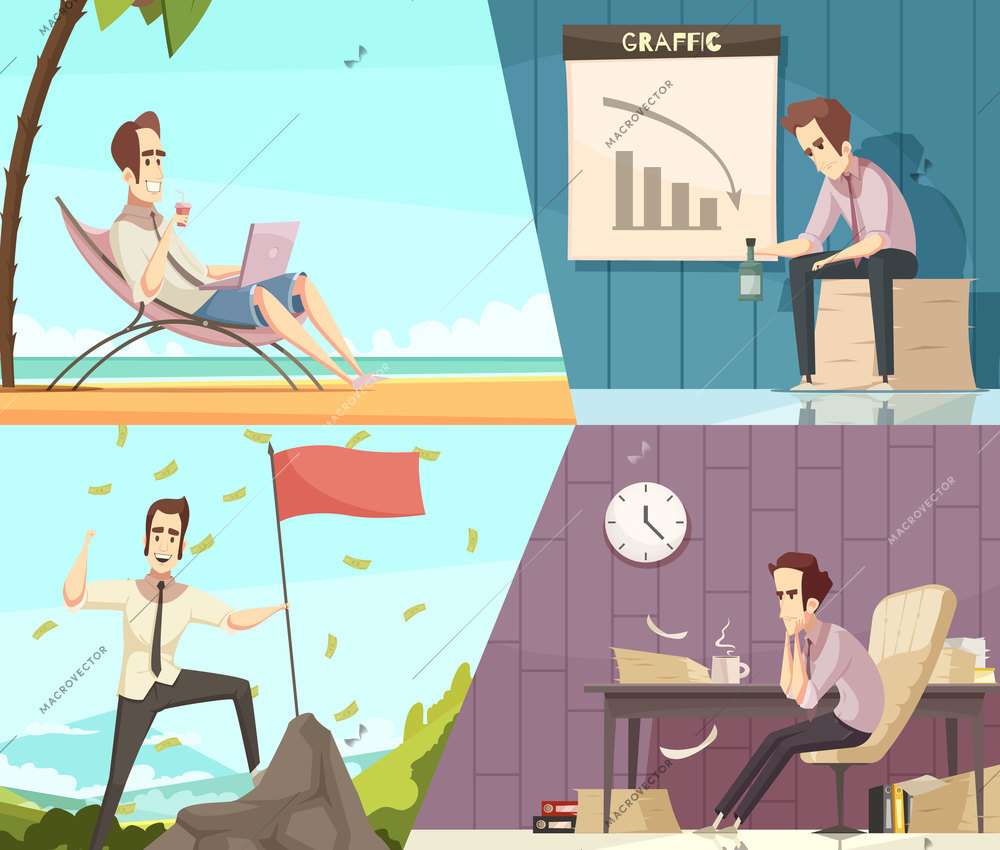 Business success and failure concept 2 retro cartoon banners with money rain and frustration isolated vector illustration