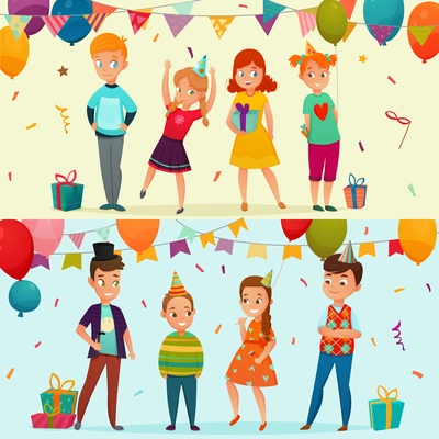 Two horizontal colored kids party banner set with two types of birthday party vector illustration