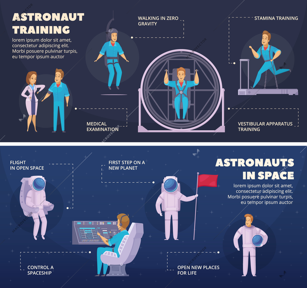 Space mission 2 horizontal cartoon banners with infographic elements astronauts training in space dark background isolated vector illustration