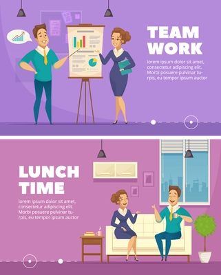 Office staff teamwork and lunchtime conversation 2 horizontal retro banners with personnel cartoon characters isolated vector illustration