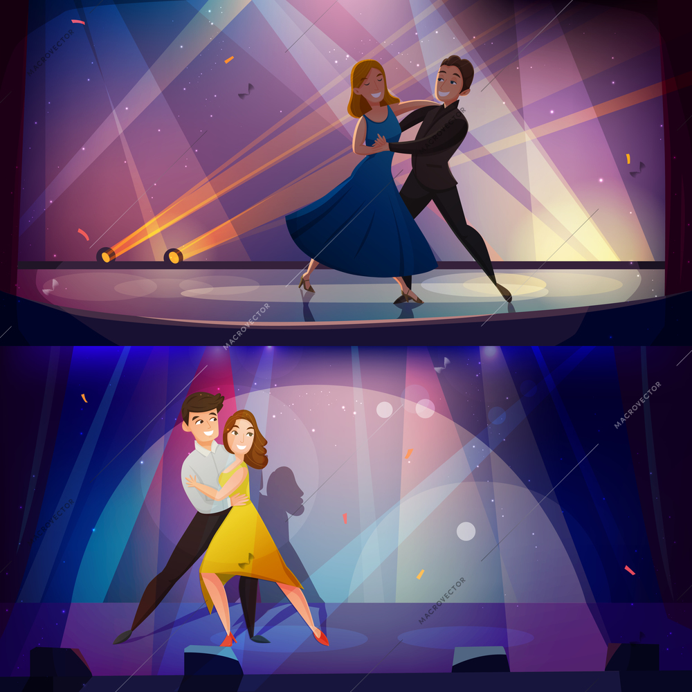 Dancing pair onstage 2 retro cartoon banners with professional performers in spotlights nostalgic poster isolated vector illustration