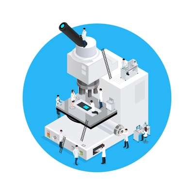 Microscope conceptual round composition with isometric image of microscope with figures of scientists characters in gowns vector illustration