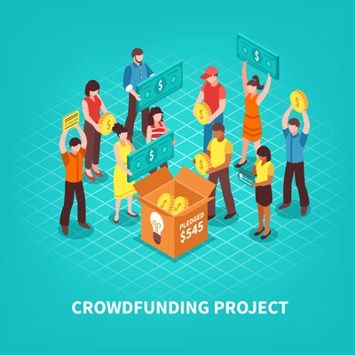 Crowdfunding project and people making donations concept on blue background 3d isometric vector illustration