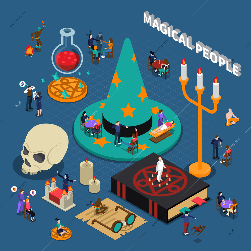 Magical people isometric design with shaman and fortune teller hypnosis and meditation on blue background vector illustration