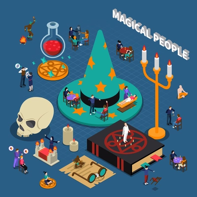 Magical people isometric design with shaman and fortune teller hypnosis and meditation on blue background vector illustration