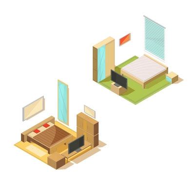 Furniture isometric set of two bedroom interiors with double bed tv set mirror and bedside table vector illustration