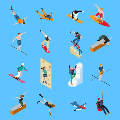 Extreme sports people isometric set with diving skateboarding paragliding skiing surfing on blue background isolated vector illustration