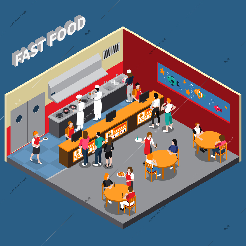 Fast food restaurant with employees of kitchen cashiers waitresses and visitors interior elements isometric vector illustration