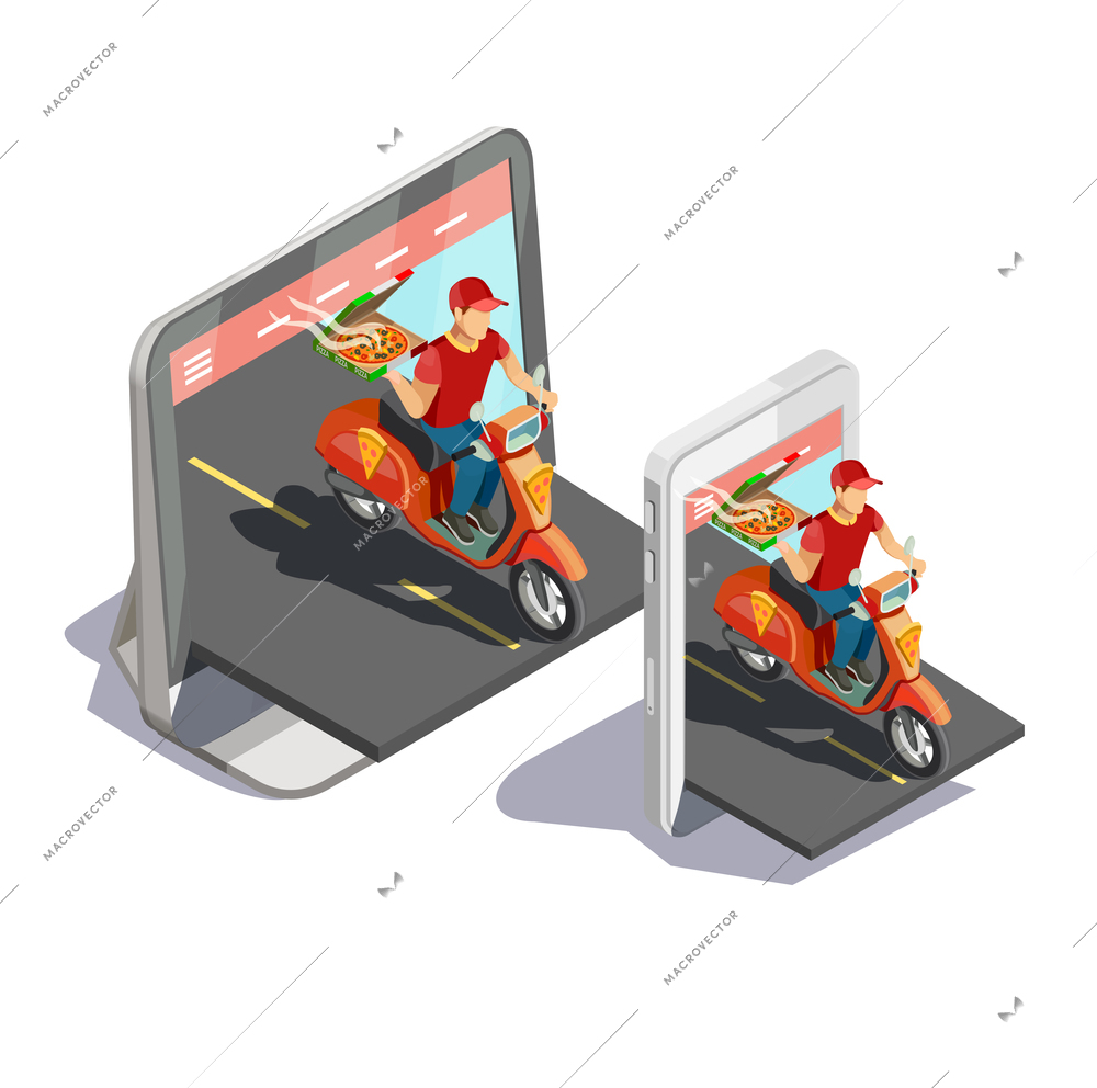 Delivery isometric composition with tablet and smartphone images with pizza guy riding motorbike out of screen vector illustration