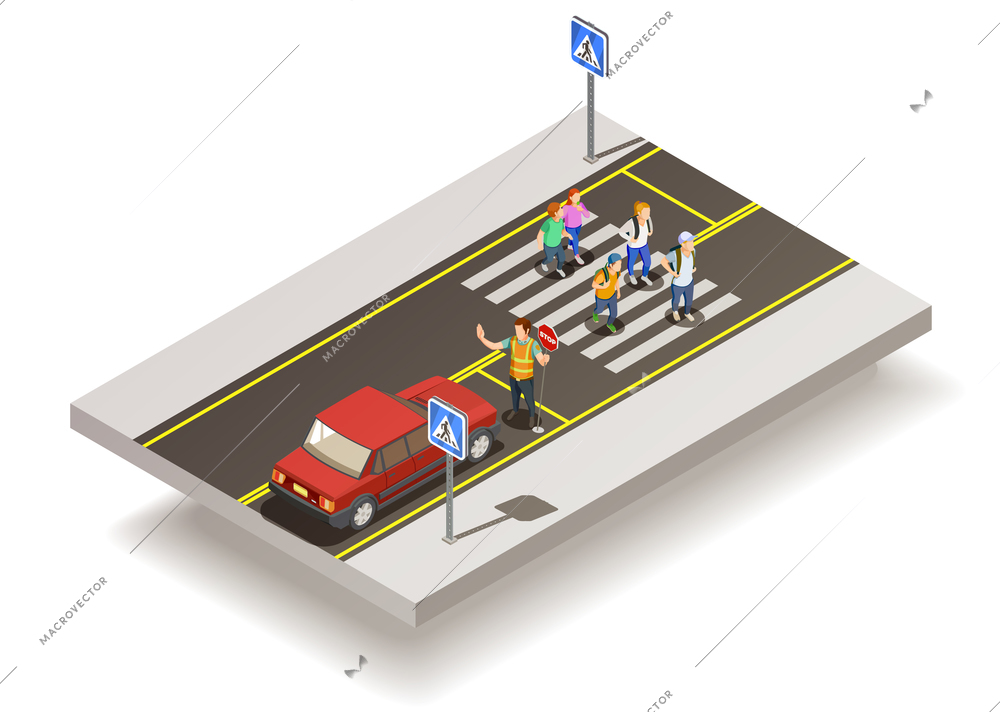 Road elements isometric composition with motorway section and uncontrolled pedestrian crossing with people and traffic signs vector illustration