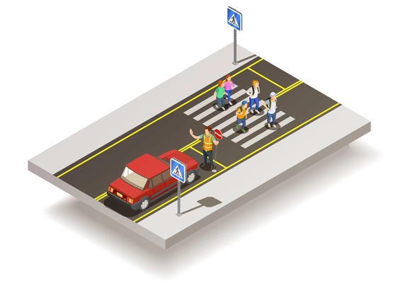 Road elements isometric composition with motorway section and uncontrolled pedestrian crossing with people and traffic signs vector illustration