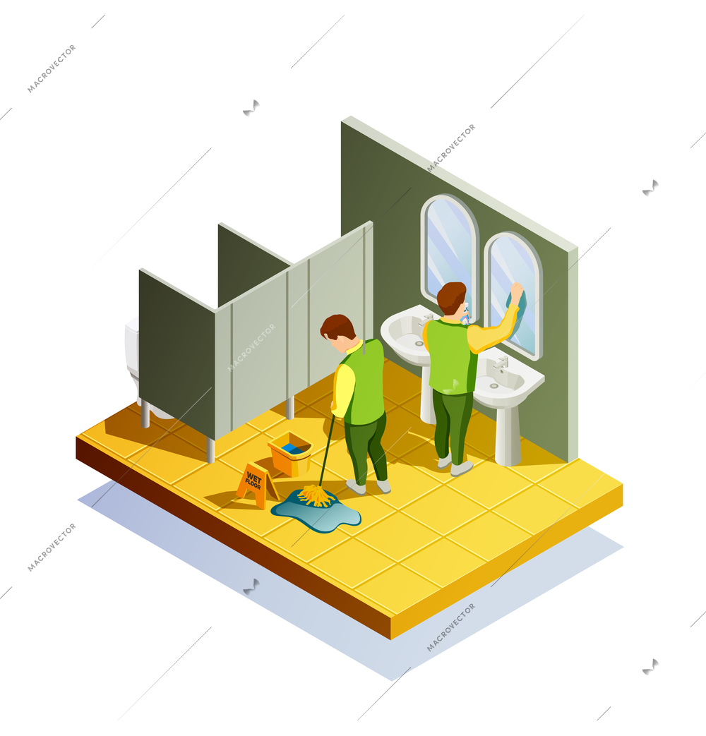 Cleaning isometric composition with public lavatory room interior and two male cleaners washing floor and mirrors vector illustration