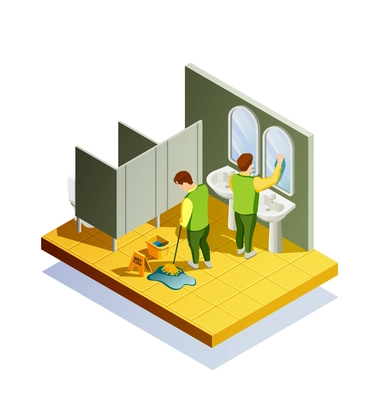 Cleaning isometric composition with public lavatory room interior and two male cleaners washing floor and mirrors vector illustration