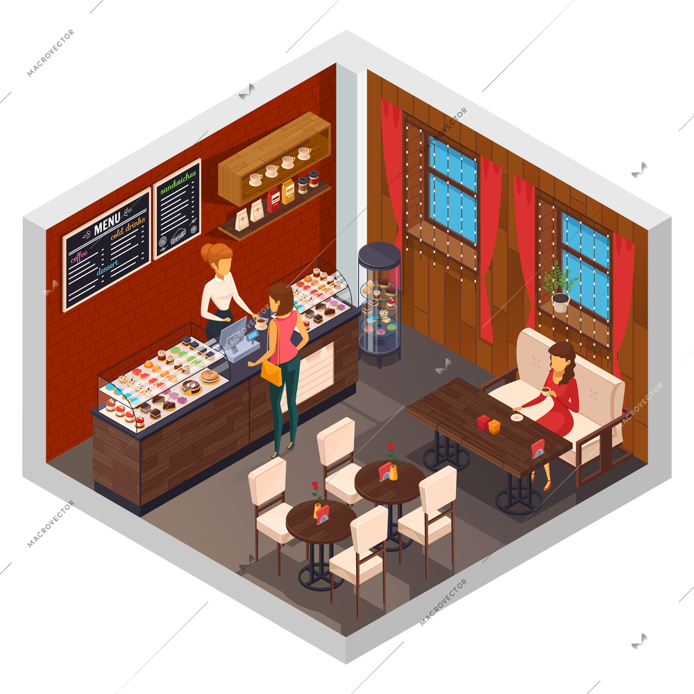 Cafe interior restaurant pizzeria bistro canteen isometric composition with cake shop display counter and visitor seating vector illustration