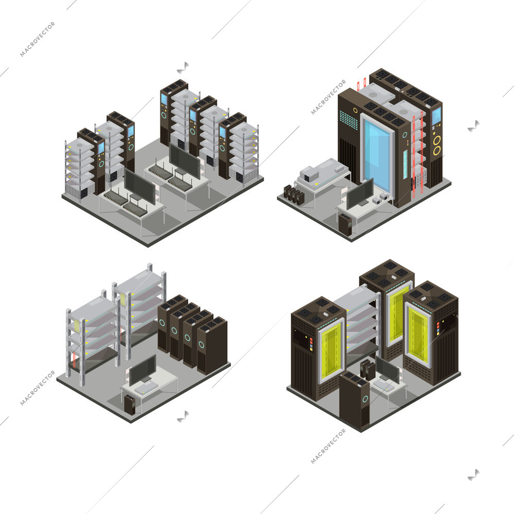 Data center isometric compositions including hosting servers for cloud services with workstation for administration isolated vector illustration