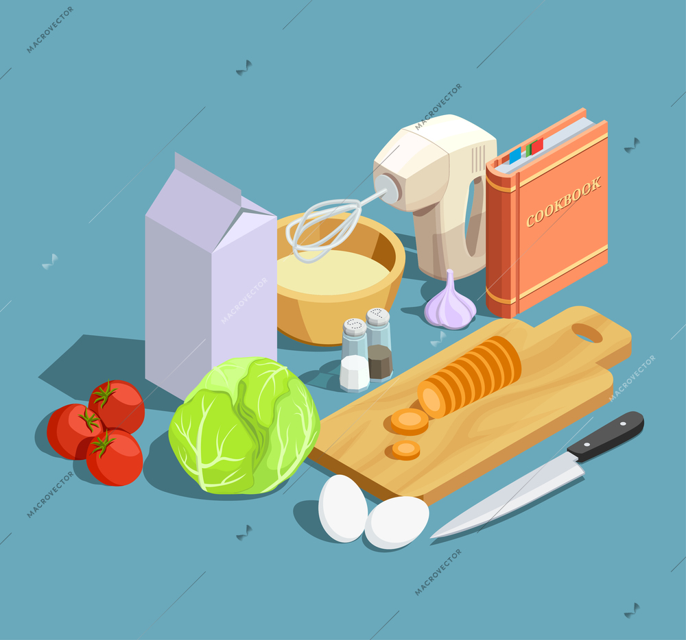 Cooking icons isometric composition with cumbersome products ripe vegetables whipper knife with cutting board and cookbook vector illustration