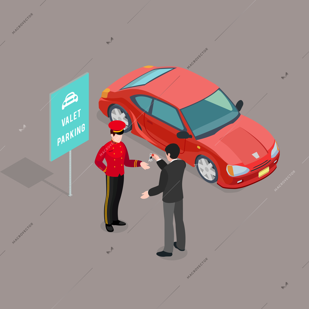 Valet parking sign composition with isometric car image and male guest giving keys to valet character vector illustration