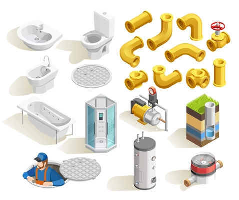 Colorful plumber isometric icons set with toilet bath shower sink heater and pipeline isolated on white background vector illustration