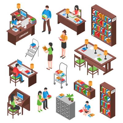 Library isometric set with employee visitors workplaces bookcases and filing cabinet desks for reading isolated vector illustration