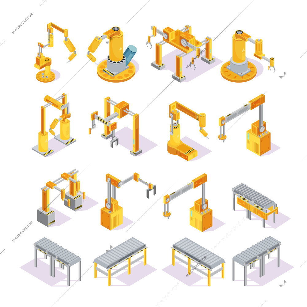 Isometric set of yellow grey conveyor machines with robotic hand for welding or packaging isolated vector illustration