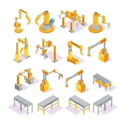 Isometric set of yellow grey conveyor machines with robotic hand for welding or packaging isolated vector illustration