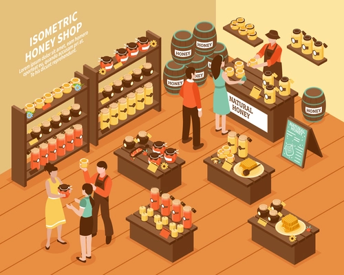 Honey farm organic production store isometric poster with jars on shelves oak barrels and customers vector illustration