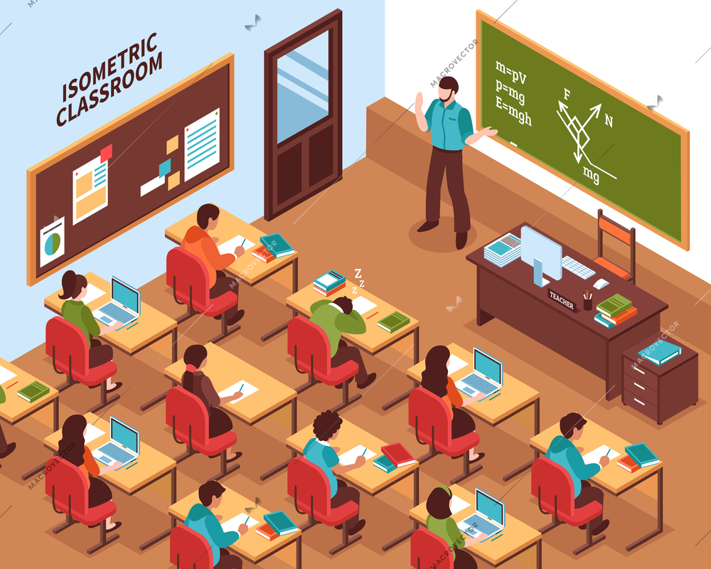 High school lesson isometric poster with teacher at chalkboard and listening students at their desks vector illustration